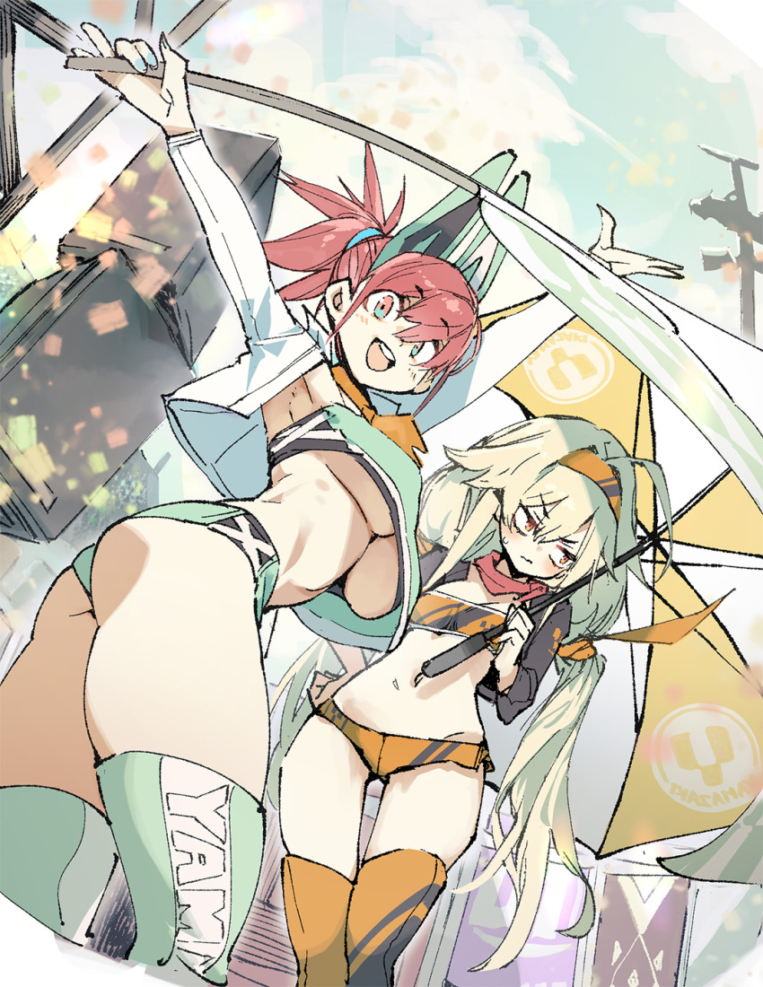 2girls amunero_(kyouka_jinrui_amunero) arms_up ass bangs blonde_hair blush breasts closed_mouth clothes_writing cloud commentary_request confetti crop_top crop_top_overhang day flag hair_between_eyes hairband hand_on_hip highres holding holding_flag hyocorou kyouka_jinrui_amunero large_breasts long_hair looking_at_viewer low_twintails multiple_girls myuka_(kyouka_jinrui_amunero) open_mouth orange_eyes outdoors pink_hair ponytail race_queen sanpaku short_shorts shorts sky small_breasts sweat thighhighs twintails underboob