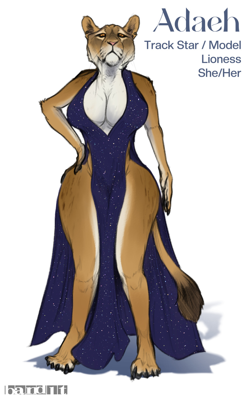 absurd_res adaeh anthro band1tnsfw big_breasts breasts clothing curvy_figure dress droopy_eyes felid female hand_on_hip hi_res hourglass_figure lion looking_down_at_viewer mammal pantherine portrait solo sparkles tall tall_ears taller_female thick_thighs