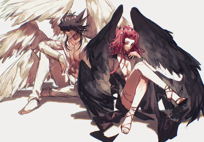 1boy 1girl absurdres alternate_costume bangs black_dress black_hair black_wings blonde_hair breasts brown_eyes cleavage collarbone crossed_legs dress facial_mark feathered_wings floating_hair fudou_yuusei full_body grey_background hair_between_eyes high_heels highres izayoi_aki jacket jewelry large_breasts long_hair long_sleeves multicolored_hair multiple_wings naoki_(2rzmcaizerails6) necklace open_clothes open_jacket pants red_hair shiny shiny_hair short_dress simple_background sitting sketch spiked_hair thighlet two-tone_hair white_jacket white_pants white_wings wings yu-gi-oh! yu-gi-oh!_5d's