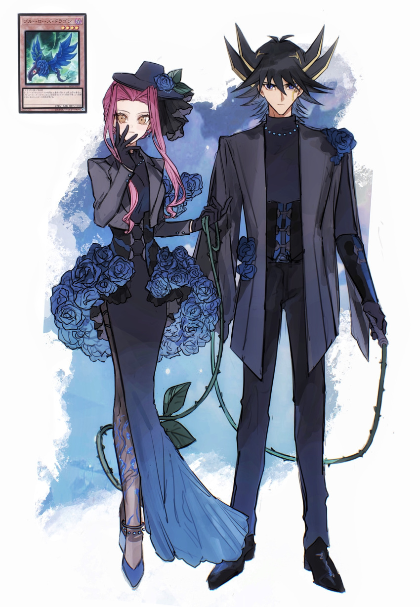 1boy 1girl absurdres bangs black_dress black_footwear black_gloves black_headwear black_pants black_pantyhose blonde_hair blue_dress blue_eyes blue_flower blue_rose blue_rose_dragon brown_eyes dress facial_mark flower fudou_yuusei full_body gloves gradient_dress grey_jacket hair_between_eyes hair_intakes hat hat_flower highres holding holding_whip izayoi_aki jacket long_dress long_hair long_sleeves looking_at_viewer multicolored_hair naoki_(2rzmcaizerails6) open_clothes open_jacket pants pantyhose red_hair rose short_hair_with_long_locks side_slit sidelocks sketch spiked_hair standing sweater turtleneck turtleneck_sweater two-tone_hair underbust white_background yu-gi-oh! yu-gi-oh!_5d's