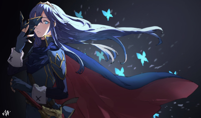 1girl armor blue_eyes blue_hair blurry bug butterfly cape dark_background depth_of_field falchion_(fire_emblem) fingerless_gloves fire_emblem fire_emblem_awakening gloves highres long_hair looking_at_viewer lucina_(fire_emblem) parted_lips pauldrons removing_mask sakuremi sheath sheathed shoulder_armor signature solo sword symbol-shaped_pupils tiara weapon