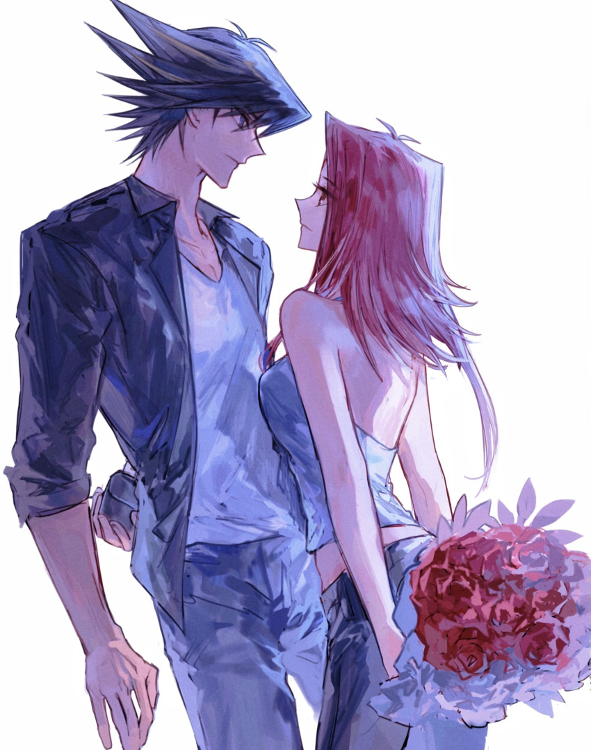 1boy 1girl absurdres arms_behind_back bare_arms black_hair black_jacket blonde_hair blue_eyes blue_shirt bouquet brown_eyes closed_mouth collarbone couple eye_contact floating_hair flower fudou_yuusei grey_pants grey_shirt hetero highres holding holding_bouquet izayoi_aki jacket leaning_back leaning_forward long_hair looking_at_another multicolored_hair naoki_(2rzmcaizerails6) open_clothes open_jacket pants red_flower red_hair red_rose rose shiny shiny_hair shirt simple_background sleeveless sleeveless_shirt spiked_hair two-tone_hair white_background yu-gi-oh! yu-gi-oh!_5d's