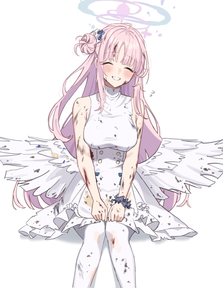 0-toki 1girl bangs blood blood_on_clothes blue_archive blush breasts closed_eyes cuts dirty dirty_clothes dress feathered_wings flying_sweatdrops hair_bun halo highres injury invisible_chair large_breasts long_hair low_wings mika_(blue_archive) pantyhose pink_hair scrunchie simple_background single_side_bun sitting sleeveless sleeveless_dress smile solo torn_clothes torn_legwear very_long_hair white_background white_dress white_pantyhose white_wings wings wrist_scrunchie