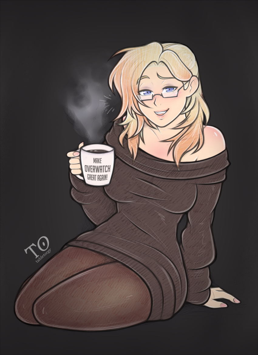 1girl alternate_hairstyle bad_id bad_tumblr_id bare_shoulders bespectacled black_pantyhose blonde_hair blue_eyes blush breasts casual coffee coffee_mug cup dress english_text glasses hair_down highres long_hair make_america_great_again medium_breasts mercy_(overwatch) mug mug_writing off-shoulder_sweater off_shoulder overwatch overwatch_1 pantyhose semi-rimless_eyewear sitting smile solo sweater sweater_dress tabletorgy under-rim_eyewear yokozuwari