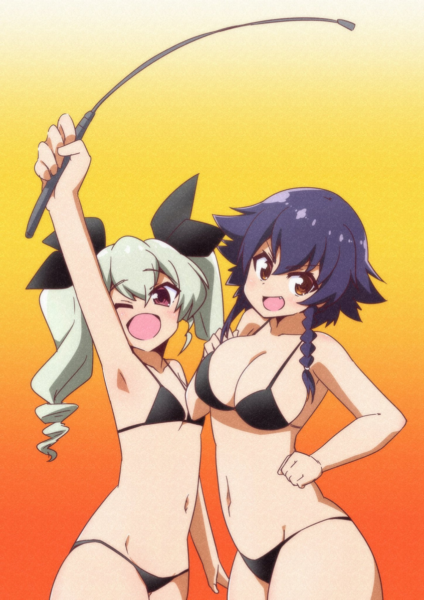 2girls ;d anchovy_(girls_und_panzer) arm_up bad_id bad_twitter_id bangs bikini black_bikini black_hair black_ribbon braid breasts brown_eyes drill_hair fang girls_und_panzer gradient gradient_background green_hair hair_ribbon hair_tie hand_on_hip highres holding inactive_account large_breasts long_hair looking_at_viewer multiple_girls navel okaasan_mother one_eye_closed open_mouth orange_background pepperoni_(girls_und_panzer) red_background red_eyes ribbon riding_crop short_hair side_braid small_breasts smile standing swimsuit texture twin_drills twintails