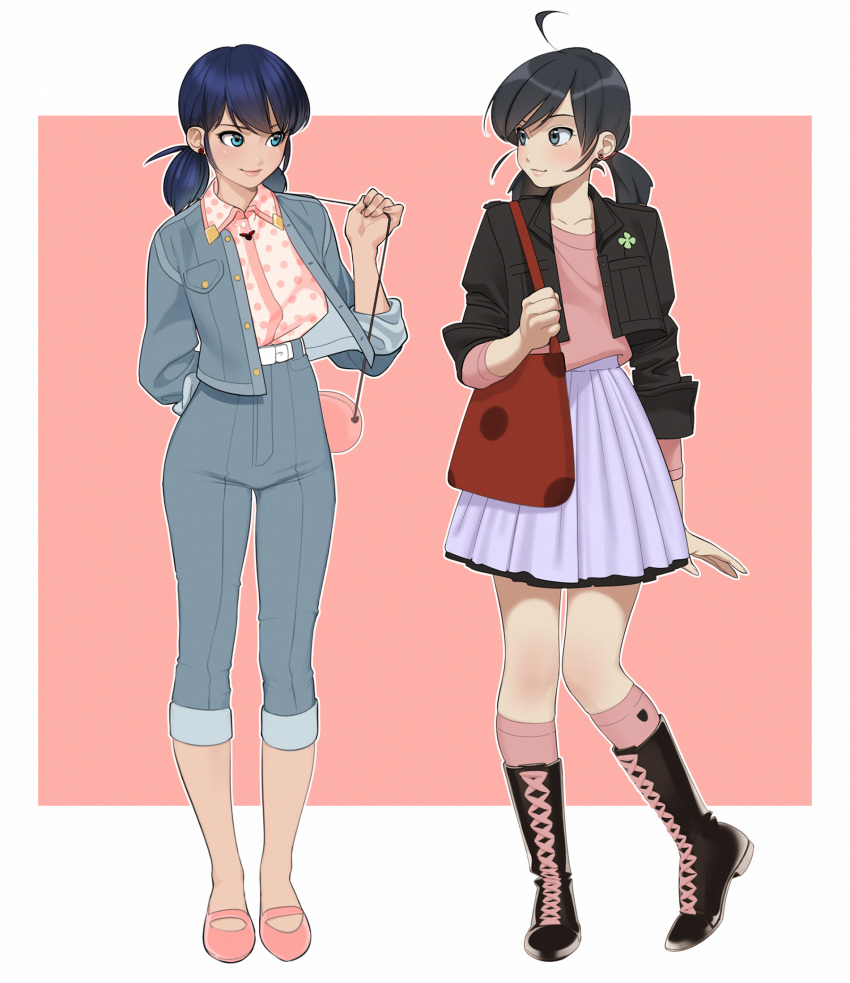 1girl abbystea ahoge alternate_costume bag belt black_footwear black_hair blue_eyes blue_hair boots bug capri_pants cropped_jacket cross-laced_footwear denim denim_jacket dual_persona earrings high-waist_pants highres jacket jewelry lace-up_boots ladybug marinette_dupain-cheng miraculous_ladybug multiple_views pants photoshop_(medium) prototype purple_skirt skirt smile twintails