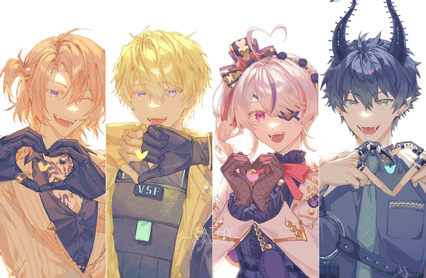 1girl 3boys ahoge armor artist_name asymmetrical_hair bangs black_gloves black_hair black_horns black_shirt blonde_hair blue_eyes blue_necktie bow breast_pocket brown_gloves bulletproof_vest cathy_(xx_cathy_li) chain chest_tattoo claw_ring collared_shirt column_lineup commentary dress_shirt ear_piercing eyepatch fangs fishnet_gloves fishnets frilled_sleeves frills gloves gold_chain gold_trim grey_shirt hair_between_eyes hair_bow hair_ornament hair_ribbon hairband hands_up heart heart_ahoge heart_hands highres horns jacket jewelry lapels light_brown_hair long_hair looking_at_viewer luca_kaneshiro maria_marionette multicolored_hair multiple_boys neck_ribbon necktie nijisanji nijisanji_en one_eye_closed one_eye_covered open_clothes open_jacket open_mouth parted_bangs piercing pink_eyes pink_hair pink_ribbon pinstripe_pattern pocket ponytail purple_eyes purple_hair ren_zotto ribbon ring round_teeth shirt short_hair short_sidetail side_ponytail sidelocks smile sonny_brisko spikes streaked_hair striped striped_jacket symbol-only_commentary tattoo teeth thumb_ring tongue upper_body virtual_youtuber watermark white_background white_jacket wing_collar