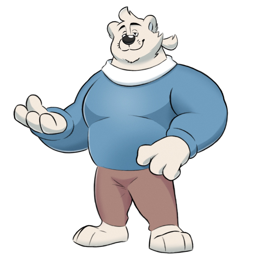 2022 anthro biped black_nose bottomwear breeze_in_the_clouds cirri_(breeze_in_the_clouds) clothing hi_res male mammal pants polar_bear simple_background solo splashburr sweater topwear ursid ursine white_body