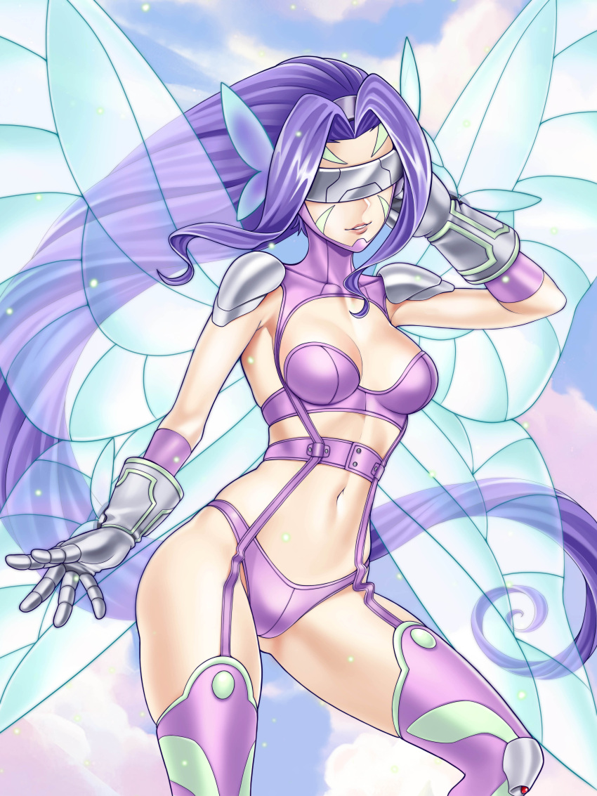1girl absurdres arm_up bangs bikini blue_sky boots breasts butterfly_hair_ornament butterfly_wings cleavage cloud covered_eyes cowboy_shot digimon digimon_(creature) elbow_gloves english_commentary facial_mark fairymon floating_hair garter_straps gloves hair_ornament highres light_particles long_hair medium_breasts midriff navel parted_bangs parted_lips purple_belt purple_bikini purple_footwear purple_hair shoulder_pads skindentation sky smile solo swimsuit thigh_boots titiartwork visor white_gloves wings