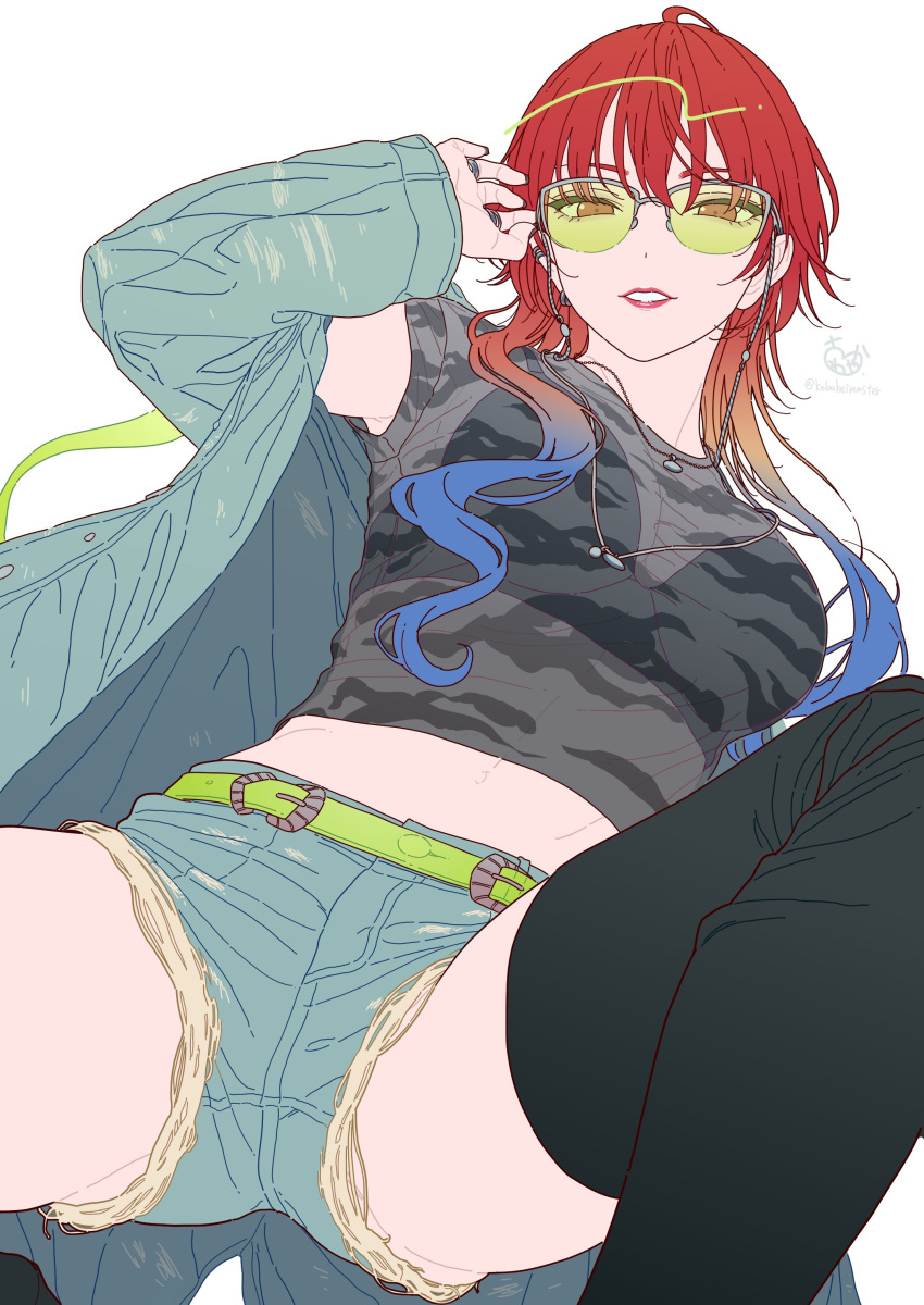 1girl absurdres aida_takanobu aketa_mikoto bangs belt black_bra black_thighhighs blue_hair blue_jacket bra bra_visible_through_clothes breasts crop_top denim denim_shorts gradient_hair green_belt hair_between_eyes hand_on_eyewear highres idolmaster idolmaster_shiny_colors jacket jewelry long_hair long_sleeves looking_at_viewer multicolored_hair multiple_rings necklace open_clothes open_jacket parted_lips red_eyes red_hair ring see-through see-through_shirt shirt short_shorts shorts signature simple_background solo sunglasses thighhighs twitter_username underwear white_background