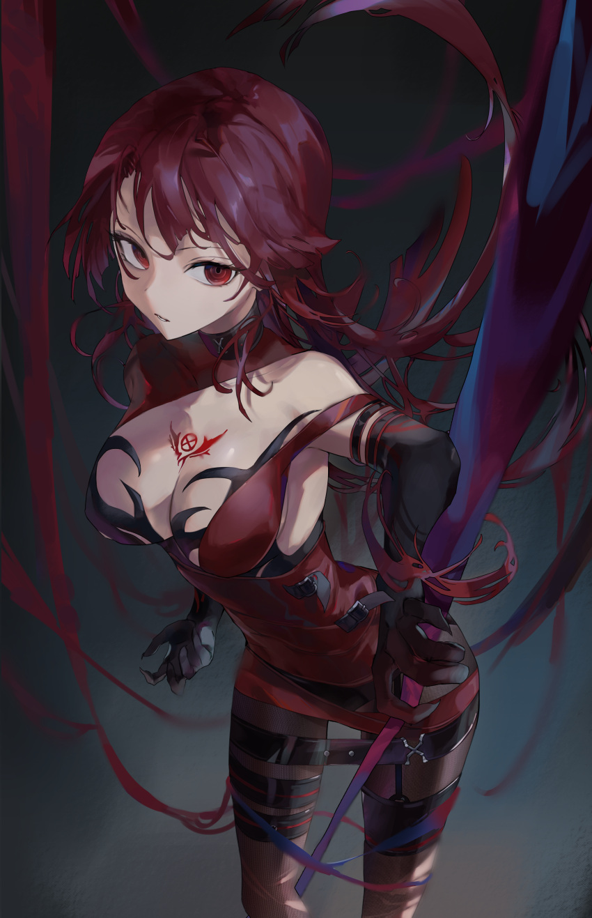 1girl absurdres asymmetrical_clothes bangs black_gloves black_pantyhose bloody_queen_(elsword) breasts cleavage dress elbow_gloves elesis_(elsword) elsword floating_hair gloves grey_background highres holding holding_weapon leaning_forward long_hair looking_at_viewer medium_breasts pantyhose r_aeel red_dress red_eyes red_hair short_dress sideboob solo standing straight_hair very_long_hair weapon