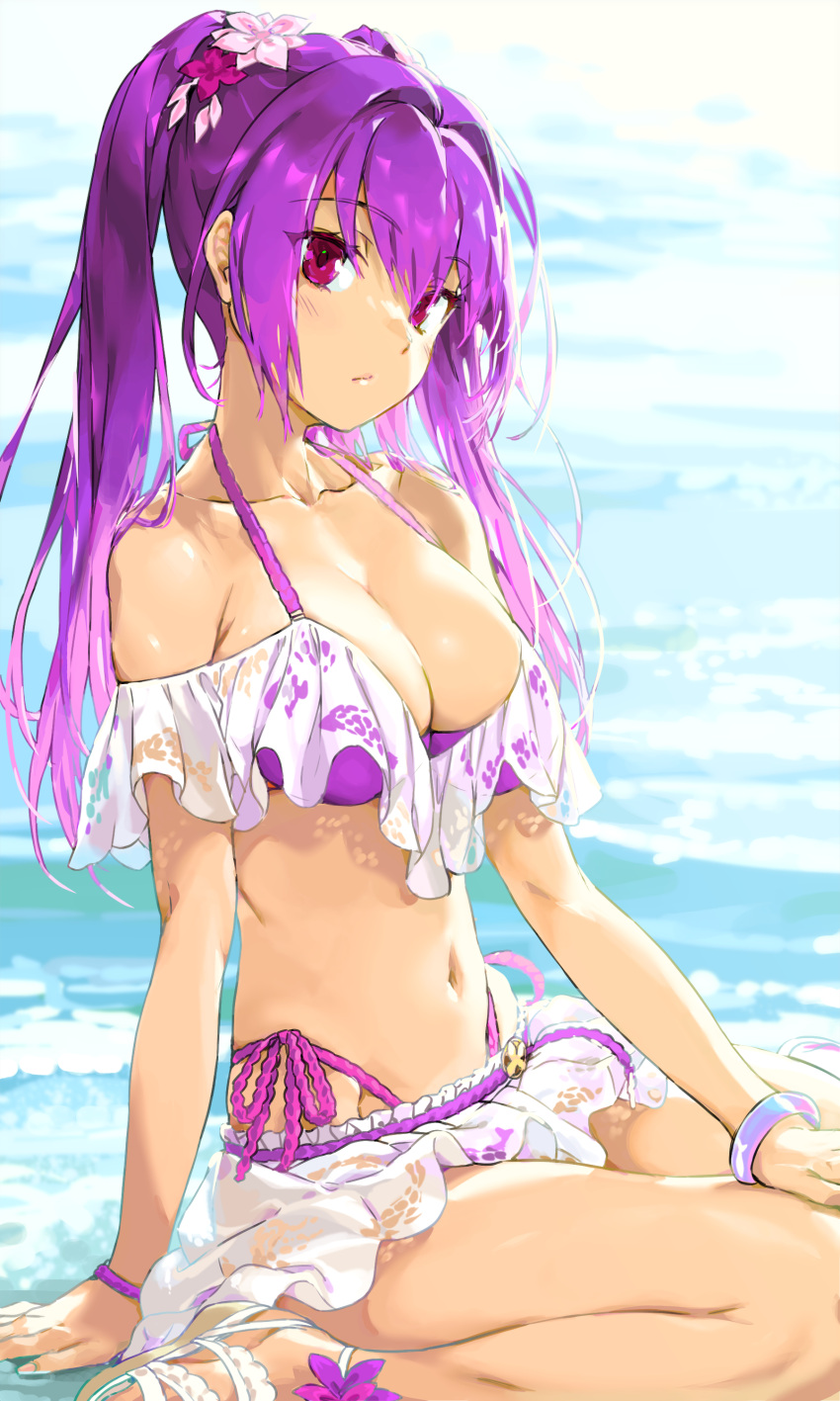 1girl absurdres bangs bare_shoulders beach bikini bracelet breasts cleavage collarbone fate/grand_order fate_(series) flower haimura_kiyotaka hair_between_eyes hair_flower hair_ornament highres jewelry large_breasts long_hair looking_at_viewer microskirt navel ocean purple_bikini purple_hair red_eyes sandals scathach_(fate) scathach_skadi_(fate) scathach_skadi_(swimsuit_ruler)_(fate) shore sitting skirt solo swimsuit thighs twintails wariza