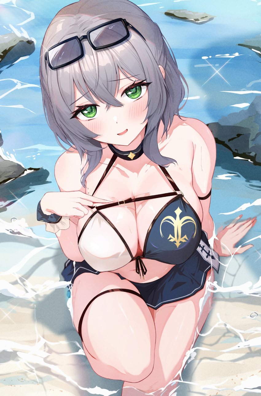 1girl arm_strap bare_shoulders beach bikini black-framed_eyewear black_choker black_skirt breasts choker cleavage collarbone covered_nipples equal_(heartstrings) eyewear_on_head from_above front-tie_bikini front-tie_top green_eyes grey_hair halterneck highres hololive knee_up large_breasts looking_at_viewer looking_up microskirt miniskirt mole mole_on_breast navel open_mouth scrunchie shirogane_noel short_hair sitting skindentation skirt smile solo stomach string_bikini sunglasses swimsuit thigh_strap thighs two-tone_bikini virtual_youtuber water wet white_bikini wrist_scrunchie