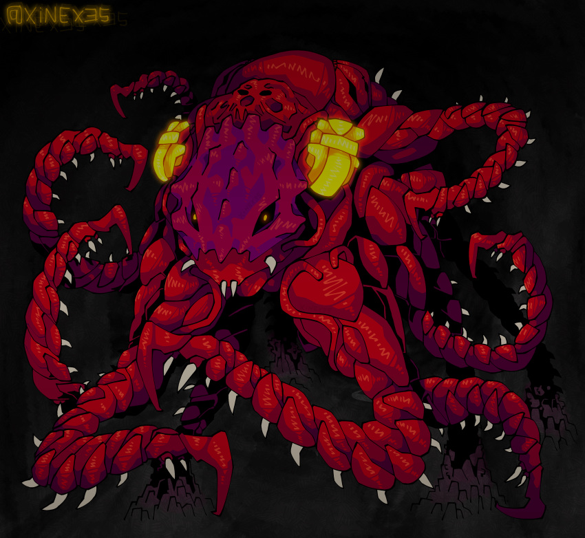 absurd_res ambiguous_gender bionicle black_sclera body_horror digital_drawing_(artwork) digital_media_(artwork) feral hi_res lego looking_at_viewer mask monster orange_eyes red_body rock sharp_teeth signature simple_background solo spiked_tentacles spikes spikes_(anatomy) teeth tentacle_monster tentacles text tren_krom xinexes