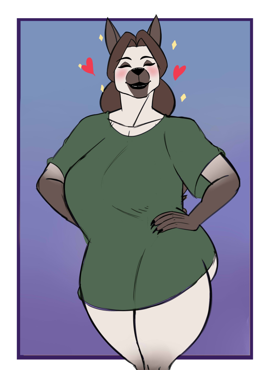 &lt;3 abstract_background absurd_res anthro big_breasts bottomless breasts canid canine canis clothed clothing colored domestic_dog female hands_on_hips hi_res mammal maria_(pancarta) pancarta portrait shirt shirt_only smile solo standing three-quarter_portrait topwear topwear_only wide_hips