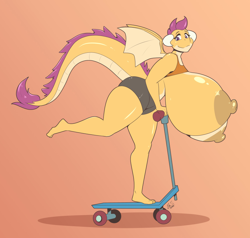 absurd_res alternate_species anthro anthrofied big_breasts breasts clothed clothing dragon female friendship_is_magic hi_res huge_breasts hyper hyper_breasts mrsakai my_little_pony raised_clothing raised_shirt raised_topwear scootaloo_(mlp) scooter shirt solo thick_thighs topwear