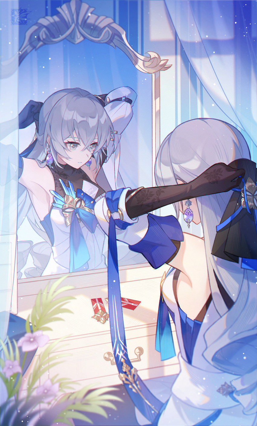 1girl absurdres armpits arms_up autumnlll bangs black_gloves breasts bronya_rand commentary curtains dress earrings flower gloves grey_eyes grey_hair highres honkai:_star_rail honkai_(series) indoors jewelry long_hair looking_to_the_side medium_breasts mirror purple_flower reflection solo table tying_hair upper_body vanity_table very_long_hair white_dress