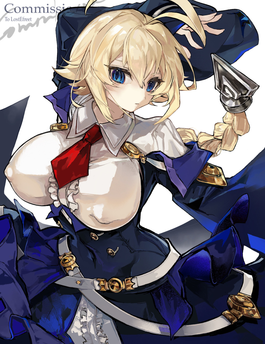 1girl absurdres ahoge arm_up belt blazblue blonde_hair blue_eyes braid braided_ponytail breasts buttons collared_shirt commission covered_navel covered_nipples dress english_text es_(xblaze) found_modori frilled_dress frilled_shirt frills highres huge_ahoge large_breasts long_sleeves looking_at_viewer necktie oppai_loli red_necktie shirt simple_background solo underbust white_background xblaze xblaze_code:_embryo