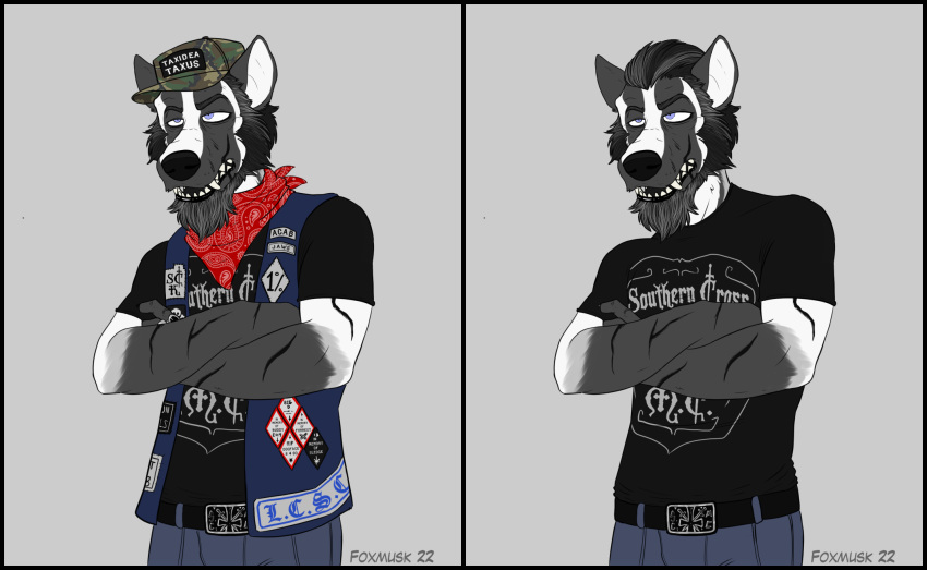 anthro badger beard biker clothed clothing digital_media_(artwork) facial_hair foxmusk fur grey_hair hair hi_res jaws_(foxmusk) male mammal muscular muscular_anthro muscular_male mustelid musteline scar solo