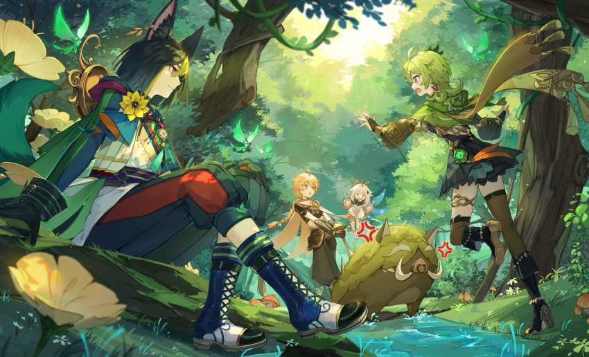 2boys 2girls absurdres aether_(genshin_impact) anger_vein animal animal_ears bangs black_hair blonde_hair boar boots braid collei_(genshin_impact) crystalfly_(genshin_impact) day ear_piercing flower forest fox_boy fox_ears fox_tail genshin_impact gloves green_hair hair_ornament halo highres holding kotatsu_kaya log long_hair multicolored_hair multiple_boys multiple_girls mushroom nature open_mouth orange_eyes outdoors paimon_(genshin_impact) piercing plant single_braid sitting streaked_hair stream tail tassel thighhighs tighnari_(genshin_impact) tree vines vision_(genshin_impact) water yellow_flower