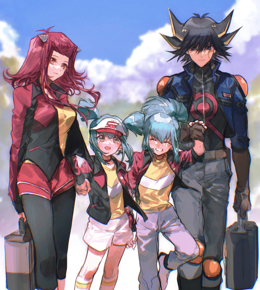 2boys 2girls :d ^_^ absurdres black_hair black_pantyhose black_shirt blonde_hair blue_eyes blue_hair blue_jacket blue_sky blurry blurry_background blush brown_eyes brown_gloves choker closed_eyes cloud collarbone day facial_mark floating_hair fudou_yuusei gloves grey_pants grin highres holding holding_hands izayoi_aki jacket kneehighs legwear_under_shorts long_hair long_sleeves lua_(yu-gi-oh!) luca_(yu-gi-oh!) multicolored_hair multiple_boys multiple_girls naoki_(2rzmcaizerails6) open_clothes open_jacket outdoors pants pantyhose ponytail print_shirt red_choker red_hair red_shorts shirt short_shorts shorts sky smile socks spiked_hair twintails two-tone_hair white_shorts yellow_shirt yu-gi-oh! yu-gi-oh!_5d's