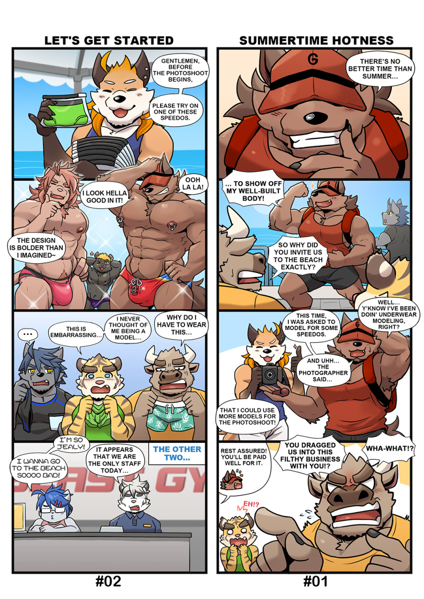 abs anthro boss_(gym_pals) bovid bovine bruno_(gym_pals) bulge camera canid canine canis cattle clothing felid fox gym_pals h155296 hi_res lion male mammal manager_(gym_pals) master_(gym_pals) myosotis_(gym_pals) niku_(gym_pals) nipple_piercing nipples pal_(gym_pals) pantherine piercing prince_(gym_pals) speedo swimwear tiger wolf
