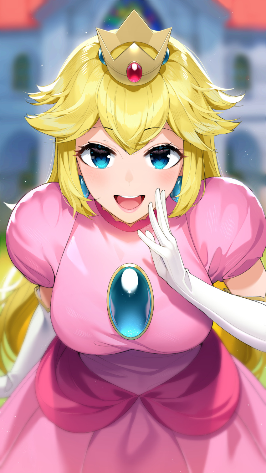 1girl bangs blonde_hair blue_eyes blurry blurry_background blush breasts cowboy_shot crown depth_of_field dress elbow_gloves english_commentary eyelashes gloves hand_up highres large_breasts leaning_forward long_hair looking_at_viewer mario_(series) open_mouth pink_dress pink_lips princess_peach puffy_short_sleeves puffy_sleeves sasoura shadow shiny shiny_hair short_sleeves sidelocks solo standing teeth tongue upper_teeth