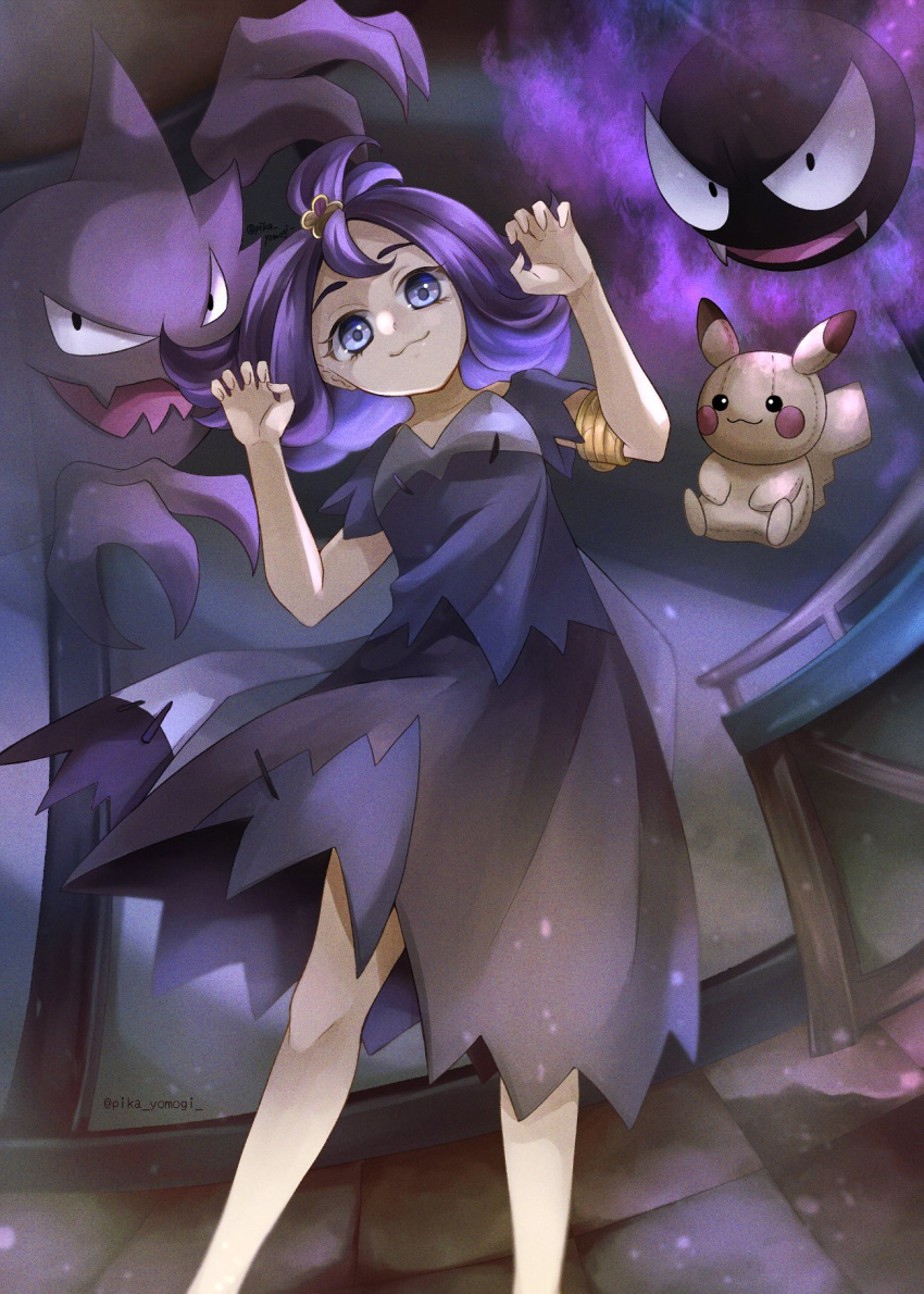 1girl :3 acerola_(pokemon) armlet black_skirt blue_eyes closed_mouth gastly hair_ornament haunter highres indoors long_hair looking_at_viewer medium_skirt pokemon pokemon_(game) pokemon_sm purple_hair short_sleeves skirt solo twitter_username yomogi_(black-elf)