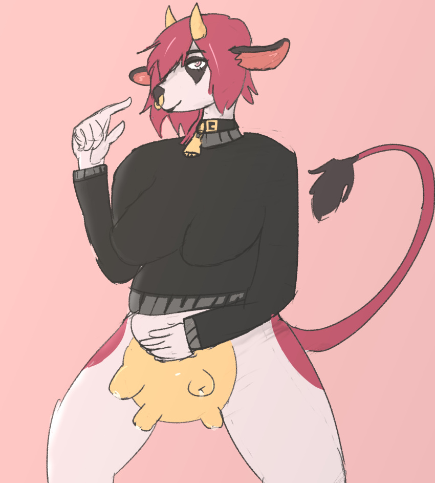 anthro bell bell_collar belly belly_overhang bodily_fluids bovid bovine cattle clothing collar colored eri_(erimad) erimad facial_piercing female gesture hair hi_res holding_belly horn lactating looking_at_viewer mammal nose_piercing nose_ring piercing pointing pointing_at_self presenting red_hair ring_piercing sketch slightly_chubby spread_legs spreading sweater tail_tuft teats topwear tuft udders