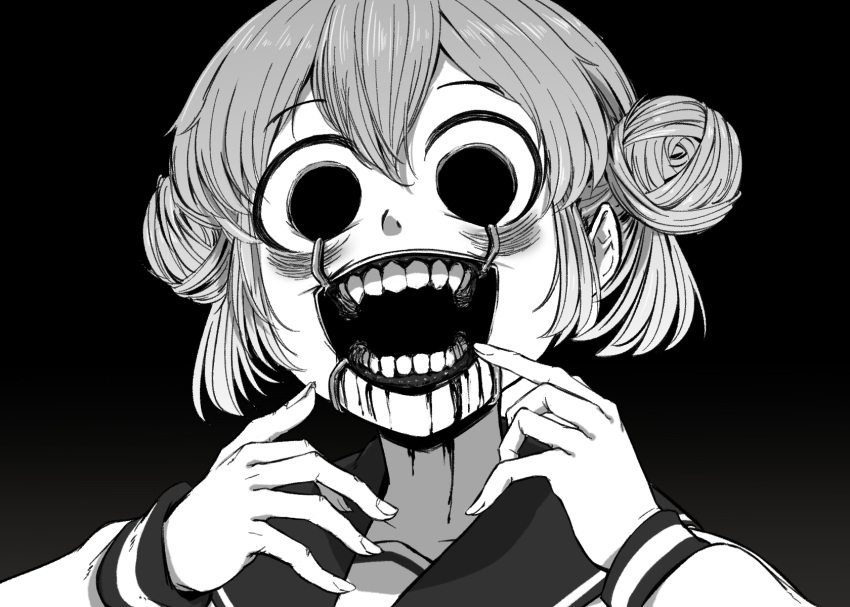 1girl 4shi bangs black_background blood blood_on_face commentary_request dango-chan_(4shi) dentures double_bun greyscale hair_between_eyes hair_bun highres hollow_eyes horror_(theme) long_sleeves looking_at_viewer monochrome open_mouth original portrait school_uniform serafuku short_hair simple_background solo