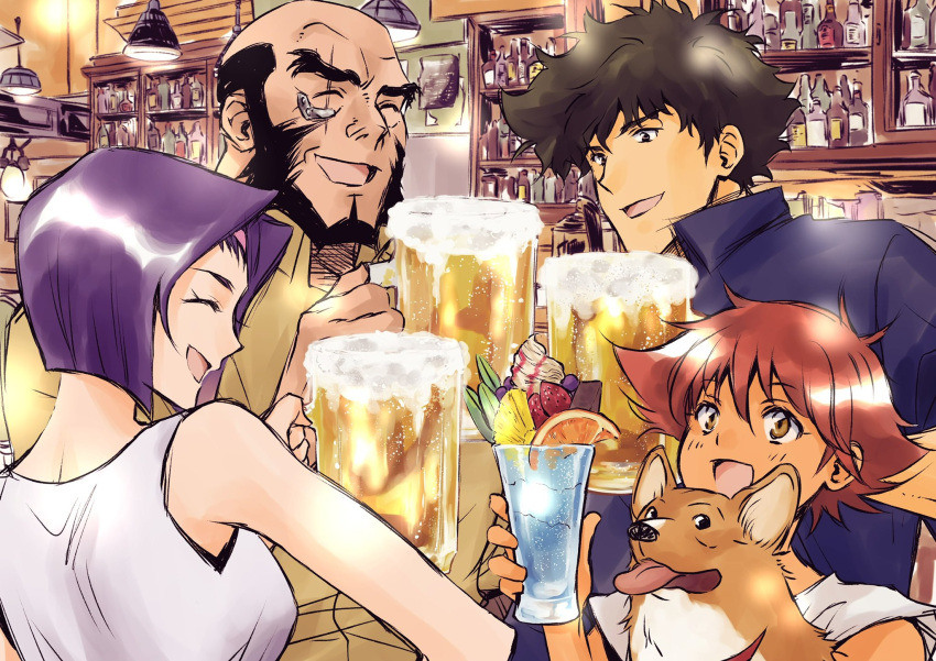 2girls alcohol beard beer beer_mug closed_eyes cowboy_bebop cup dog edward_wong_hau_pepelu_tivrusky_iv ein_(cowboy_bebop) facial_hair faye_valentine food fruit highres jet_black mug multiple_girls open_mouth orange_(fruit) orange_hair orange_slice purple_hair scar scar_across_eye spike_spiegel strawberry tobalin