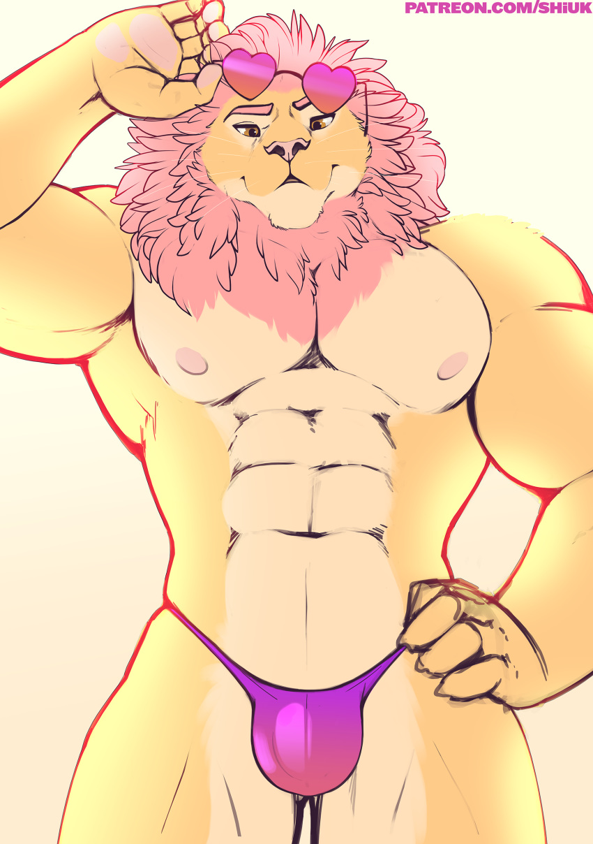 2019 5_fingers abs absurd_res anthro biceps big_muscles biped brown_fur bulge clothed clothing digital_media_(artwork) eyebrows eyewear eyewear_on_head felid front_view fur half-length_portrait hand_on_hip hi_res lion looking_at_viewer male mammal mane multicolored_fur muscular muscular_male nipples orange_eyes pantherine pecs pink_eyebrows pink_mane pink_nipples pink_nose portrait purple_bottomwear purple_clothing purple_underwear shiuk simple_background solo standing sunglasses sunglasses_on_head tan_fur thong topless two_tone_fur underwear url whiskers