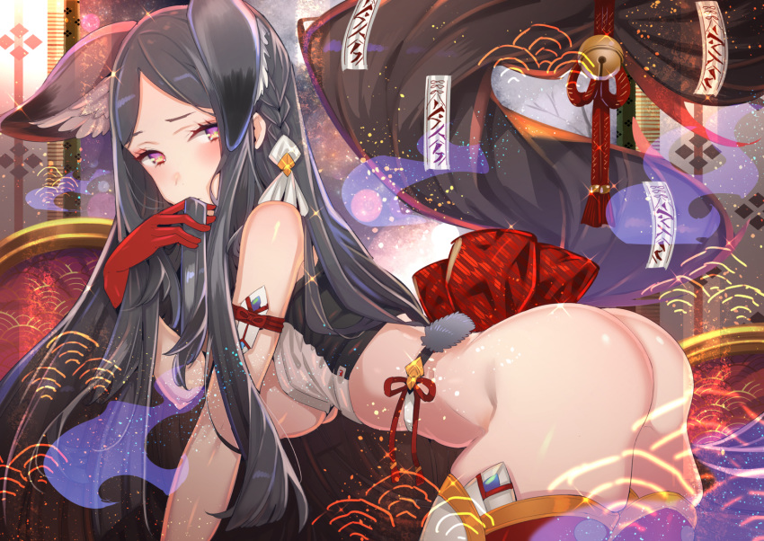 animal_ears ass bell black_hair bow braids breasts foxgirl gloves long_hair no_bra nopan ofuda open_shirt original purple_eyes rope tail tajima_ryuushi thighhighs waifu2x