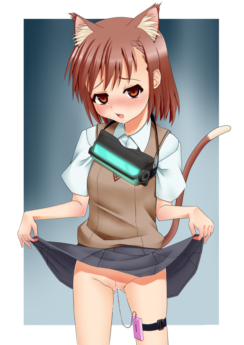 absurdres animal_ears blush brown_eyes brown_hair cat_ears dress fat_mons ge-ha head_mounted_display highres kemonomimi_mode misaka_imouto no_panties pussy pussy_juice saliva skirt skirt_lift solo to_aru_majutsu_no_index uncensored vibrator