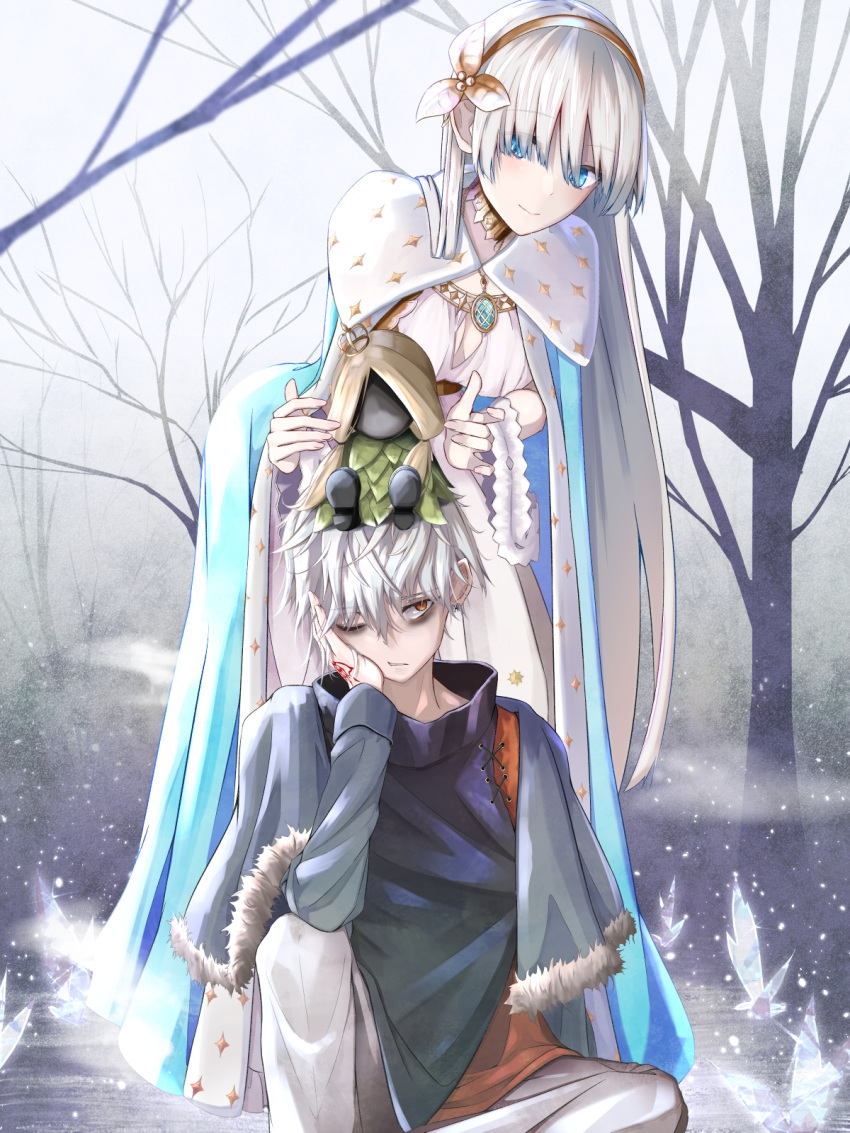 1boy 1girl anastasia_(fate/grand_order) bent_over blue_cape blue_capelet blue_eyes breasts cape capelet cleavage cloud cloudy_sky doll dress eyebrows_visible_through_hair fate/grand_order fate_(series) fur-trimmed_capelet fur_cape fur_trim hair_between_eyes hair_over_eyes hairband head_rest highres kadoc_zemlupus long_dress long_hair medium_breasts one_eye_closed orange_eyes oriuo_q outdoors pants red_shirt shirt silver_hair sitting sky smile standing tree very_long_hair white_capelet white_dress white_pants yellow_hairband