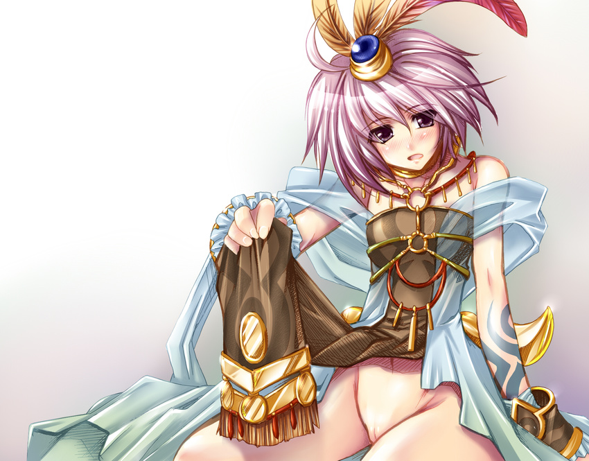 ahoge bad_id bad_pixiv_id blush bottomless feathers hair_ornament highres jewelry no_panties open_mouth purple_eyes purple_hair pussy ragnarok_online ragnarok_online_ds scarf shaman_(ragnarok_online) short_hair sierra_(ro) solo takelu tattoo uncensored