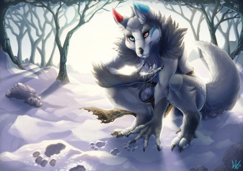 2018 anthro biped black_claws black_nose blue_ears canid canine canis claws clothing crouching detailed_background digital_media_(artwork) digitigrade dipstick_ears fluffy fluffy_tail footprint fur grey_ears grey_fur grey_tail heterochromia inner_ear_fluff loincloth long_tail male mammal mokarakom multicolored_ears muscular red_ears slokgreatwolf snow solo toe_claws tree wolf