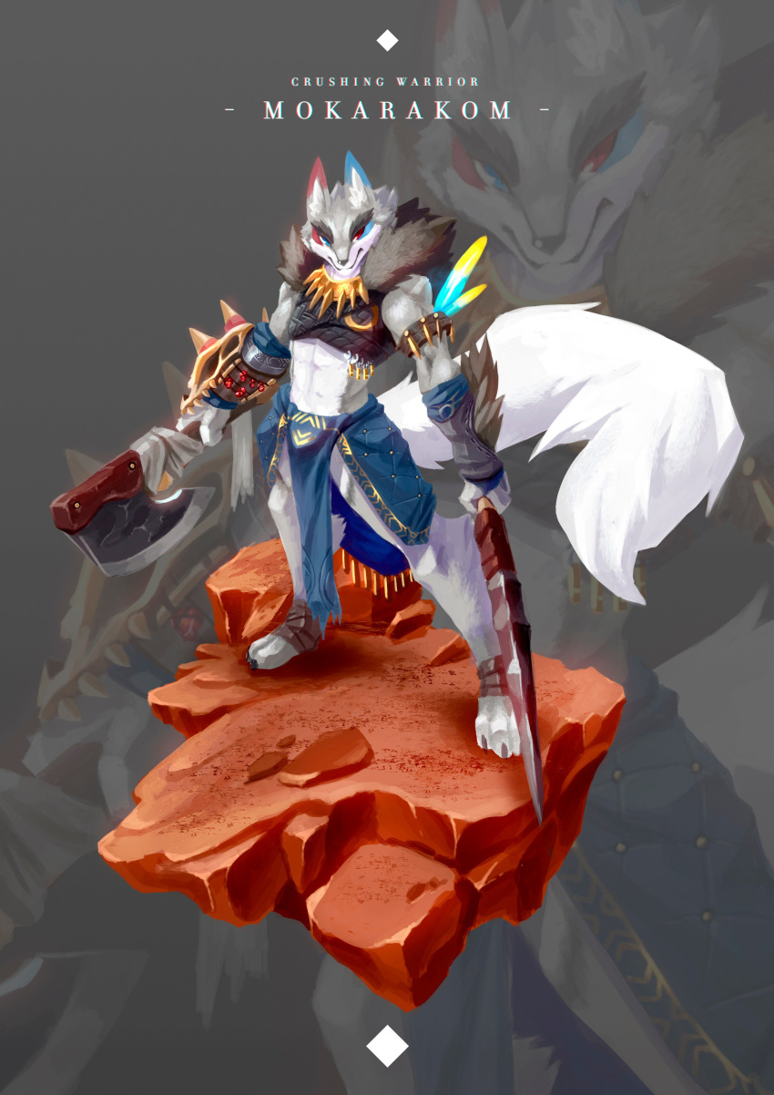 2019 abs absurd_res agitype01 anthro axe biped blowup_background blue_ears blue_eyes canid canine canis clothing digital_media_(artwork) digitigrade english_text fluffy fluffy_tail full-length_portrait fur grey_ears grey_fur heterochromia hi_res holding_object holding_weapon loincloth long_tail male mammal melee_weapon mokarakom multicolored_ears multicolored_fur portrait red_ears red_eyes simple_background solo standing text weapon white_fur white_tail wolf