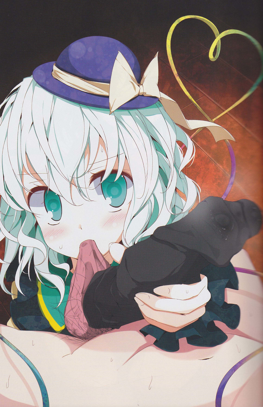 absurdres biting_testicles bow green_eyes green_hair hat highres komeiji_koishi oouso oral scan scan_artifacts short_hair sock_on_penis socks solo sucking_testicles touhou