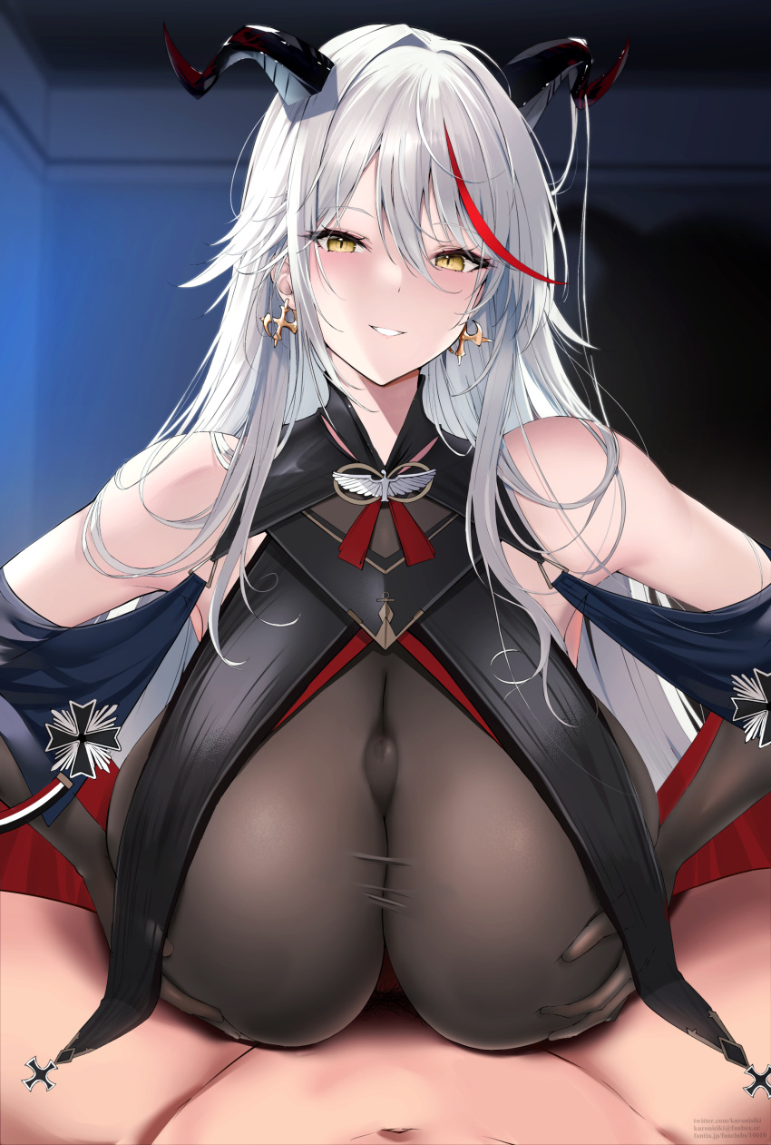 1boy 1girl absurdres aegir_(azur_lane) azur_lane bangs bare_shoulders between_breasts black_gloves blush breasts commentary_request earrings elbow_gloves gloves grey_hair hair_between_eyes highres horns jewelry large_breasts long_hair looking_at_viewer multicolored_hair navel paizuri parted_lips pov red_hair smile solo_focus streaked_hair takaharu yellow_eyes