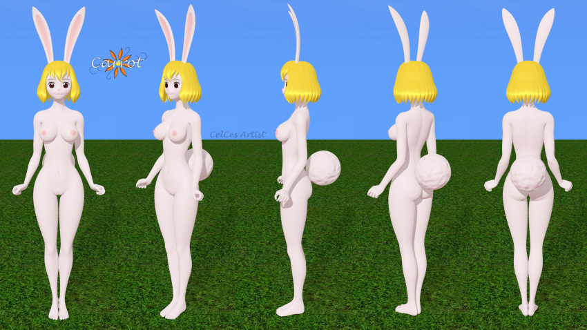 3d_(artwork) absurd_res anthro blonde_hair carrot_(one_piece) celces_(artist) digital_media_(artwork) female hair hi_res lagomorph leporid long_ears mammal minkmen_(one_piece) multiple_poses nipples nude one_piece pose rabbit sky smile solo tail_tuft tuft white_body white_tail