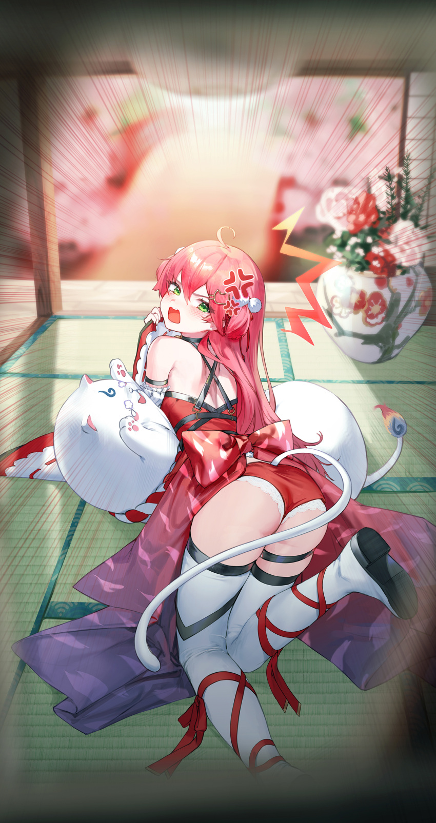 1girl 35p_(sakura_miko) absurdres anger_vein ass bangs bare_shoulders boots breasts cat_tail dress from_behind green_eyes hair_between_eyes hair_ornament highres hololive indoors kokko_(kokko3045) long_hair long_sleeves looking_at_viewer looking_back open_mouth panties pink_hair plant pom_pom_(clothes) pom_pom_hair_ornament potted_plant red_dress red_panties sakura_miko solo tail thigh_boots thigh_strap twintails underwear virtual_youtuber white_footwear