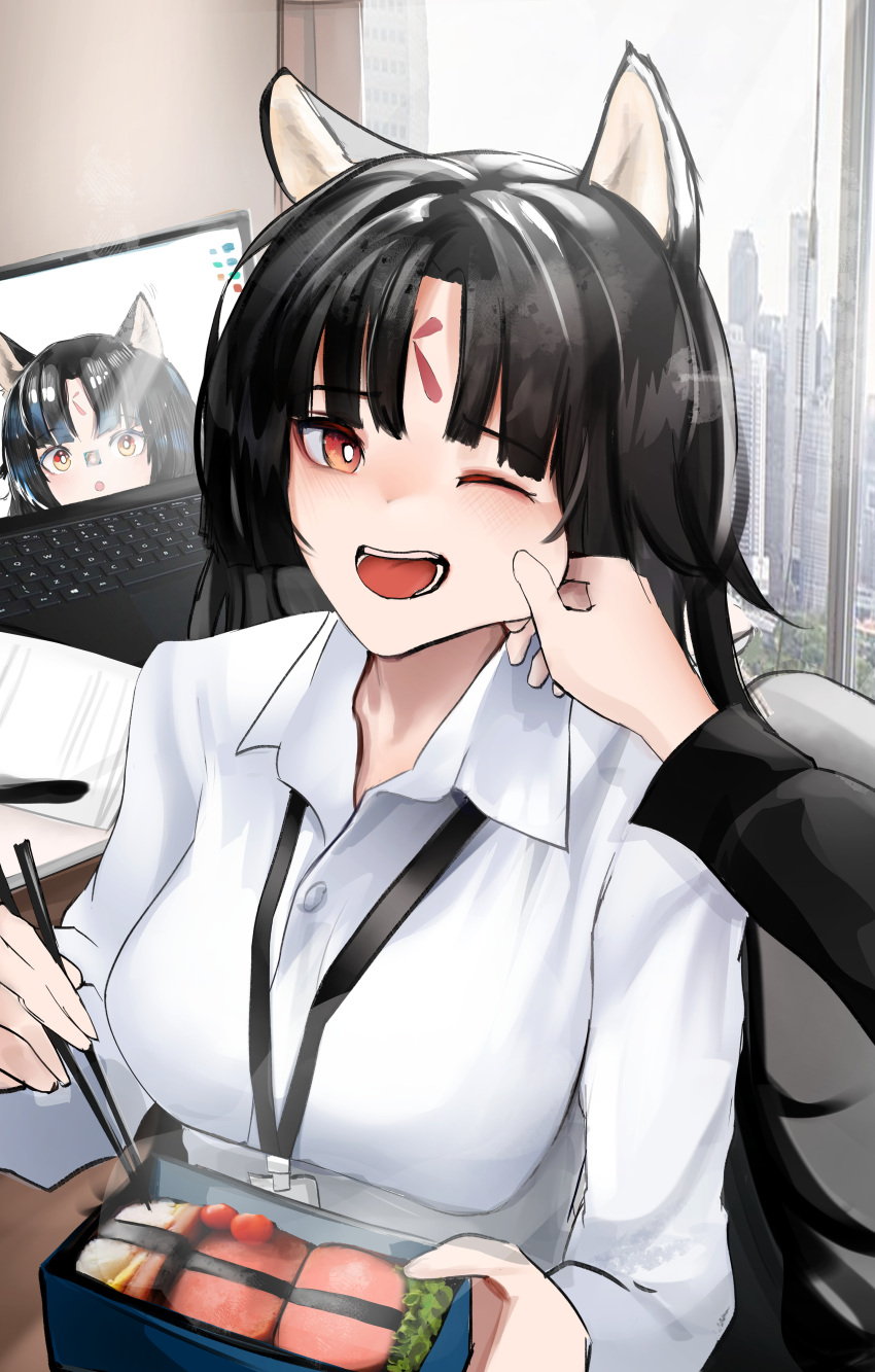 1girl ;d absurdres alternate_costume animal_ear_fluff animal_ears arknights bangs black_hair blush breasts cheek_pinching chopsticks collared_shirt computer dog_ears facial_mark forehead forehead_mark highres holding indoors laptop large_breasts long_hair long_sleeves looking_at_viewer office_lady one_eye_closed open_mouth orange_eyes parted_bangs pinching saga_(arknights) shirt smile solo_focus upper_body very_long_hair wawamachi_(wawamachis) white_shirt window