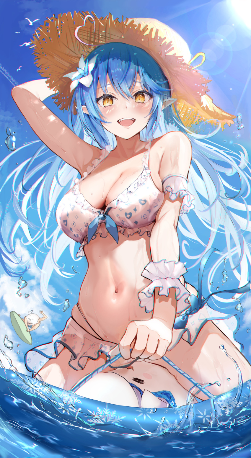 1girl :d absurdres arm_up bikini blue_hair blue_nails blue_sky blush breasts cleavage cloud commentary daifuku_(yukihana_lamy) day elf floating_hair flower frilled_bikini frills hair_between_eyes hair_flower hair_ornament hat highres hololive large_breasts lens_flare long_hair mugiusagi nail_polish navel outdoors pointy_ears revision sky smile solo stomach straw_hat swimsuit virtual_youtuber water wet white_bikini white_flower wrist_cuffs yellow_eyes yukihana_lamy yukimin_(yukihana_lamy)