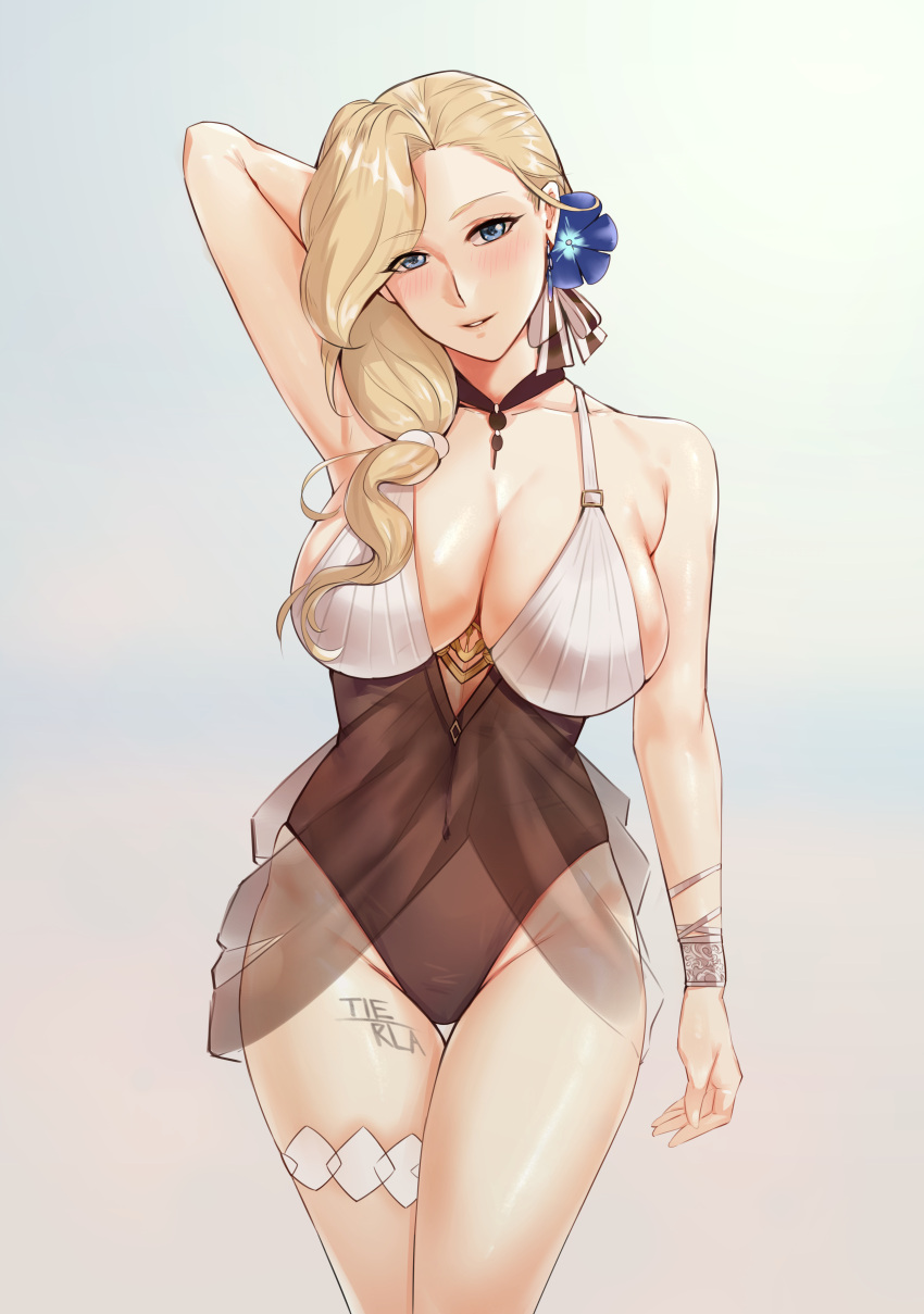 1girl absurdres arm_behind_head arm_up armpits azur_lane blonde_hair blue_eyes breasts casual_one-piece_swimsuit center_opening cleavage covered_navel flower hair_flower hair_ornament hair_over_shoulder highres hood_(azur_lane) hood_(lady_of_the_shining_sun)_(azur_lane) jewelry large_breasts layered_swimsuit long_hair low_ponytail necklace official_alternate_costume one-piece_swimsuit swimsuit thigh_strap tierla two-tone_swimsuit