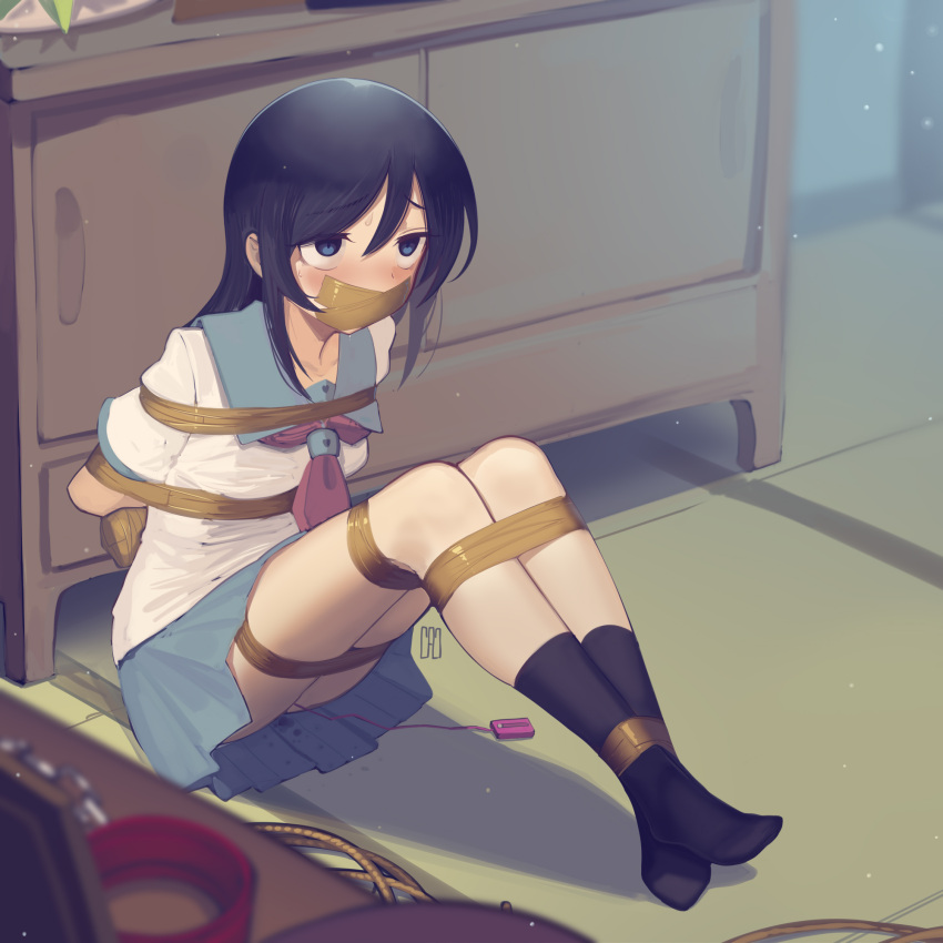 1girl aragaki_ayase arms_behind_back bangs bdsm black_hair black_socks blue_eyes blue_skirt blush bondage bound bound_ankles bound_arms bound_legs cad_(caddo) empty_eyes gag gagged hair_between_eyes highres improvised_gag indoors knees_up long_hair miniskirt neckerchief no_shoes nose_blush ore_no_imouto_ga_konna_ni_kawaii_wake_ga_nai purple_neckerchief restrained school_uniform sex_toy shirt sidelocks sitting skirt socks solo tape tape_gag vibrator white_shirt