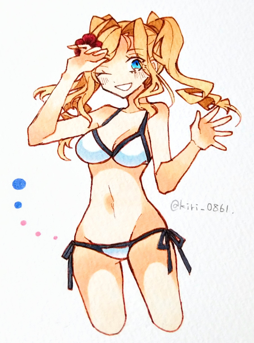 1girl absurdres bare_arms bare_legs bare_shoulders bikini blonde_hair blue_eyes blush breasts cleavage collarbone cowboy_shot cropped_legs groin highres honolulu_(kancolle) kantai_collection kujiramaru large_breasts long_hair navel one-hour_drawing_challenge one_eye_closed open_mouth smile solo swimsuit twintails twitter_username white_bikini