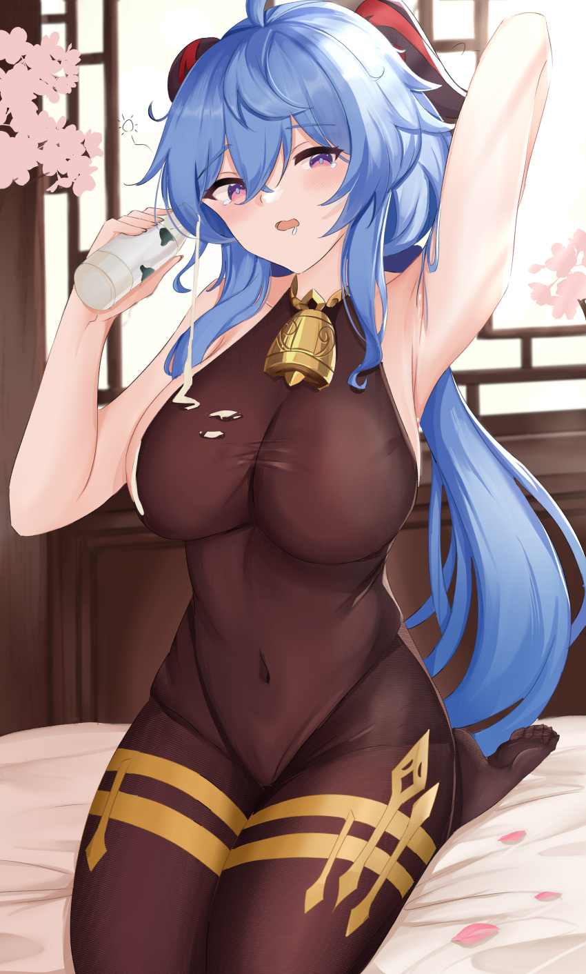 1girl absurdres ahoge bangs bare_shoulders bell blue_hair blush bodystocking breasts brown_pantyhose ganyu_(genshin_impact) genshin_impact highres horns kuro_(blackpgmickey) large_breasts long_hair looking_at_viewer open_mouth pantyhose purple_eyes solo thighs