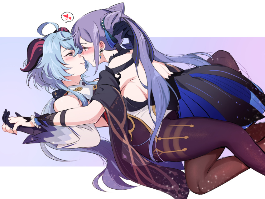 2girls ahoge black_gloves blue_hair blush breasts brown_pantyhose closed_mouth cone_hair_bun detached_sleeves double_bun earrings eye_contact ganyu_(genshin_impact) genshin_impact girl_on_top gloves goat_horns hair_bun heart holding_hands horns jewelry keqing_(genshin_impact) keqing_(opulent_splendor)_(genshin_impact) long_hair looking_at_another medium_breasts multiple_girls negom official_alternate_costume pantyhose purple_hair smile spoken_heart thighs twintails white_sleeves yuri