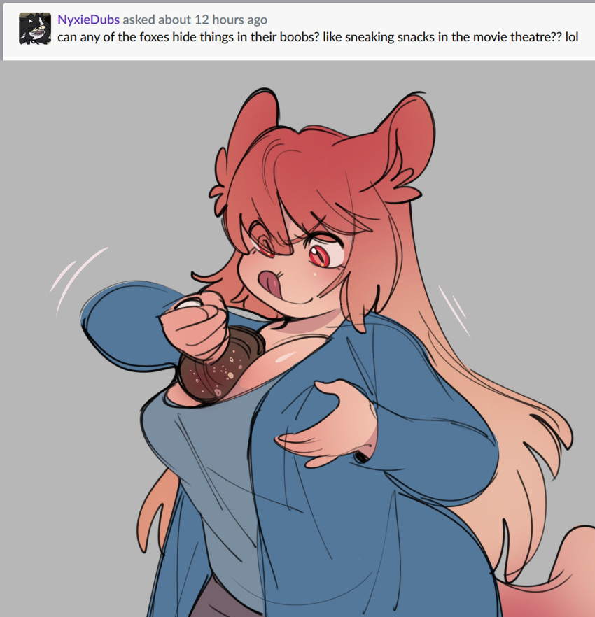 2022 absurd_res beverage breasts cleavage clothed clothing determined female foxtrot_(glacierclear) glacierclear hair hi_res humor item_in_cleavage pink_hair pulling_object red_eyes soda soda_bottle strawberry_(glacierclear) tongue tongue_out